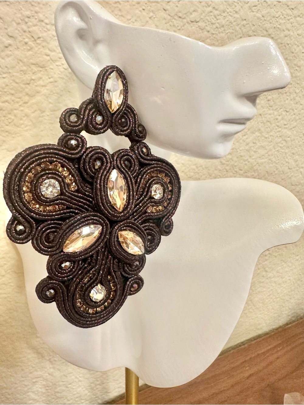 Handmade Fudge Brown & Champagne Crystal Soutache Statement Earrings